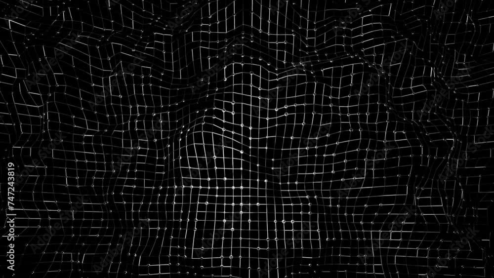 Aufkleber animated moving mesh with spheres on a black background. looped animation. 3d render