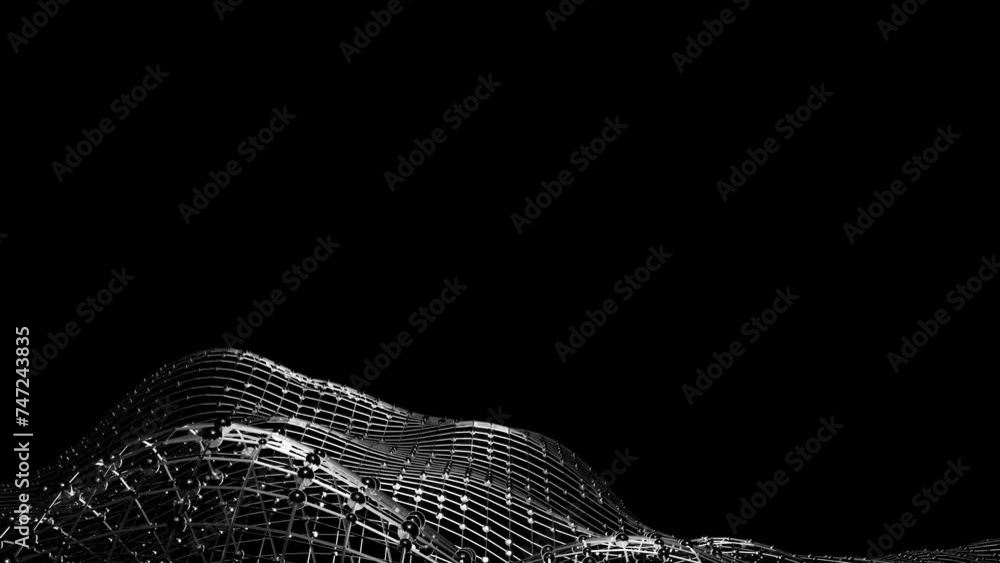 Aufkleber animated moving mesh with spheres on a black background. looped animation. 3d render