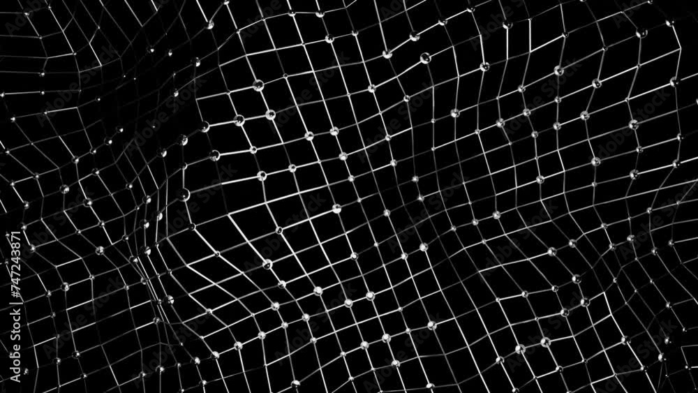 Poster animated moving mesh with spheres on a black background. looped animation. 3d render
