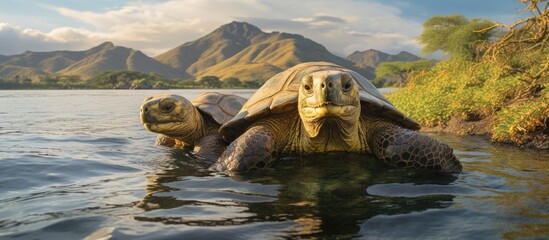 A turtle gracefully swims in a serene lake, surrounded by towering mountains in the background. The scene captures the beauty of nature and the peacefulness of the turtles aquatic habitat.