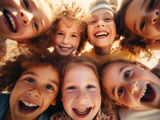 Group of cheerful and adorable little children playing together, forming a tight-knit bond as they huddle and share moments of joy, captured in a heartwarming low-angle portrait.