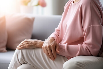 Disabled elderly woman sitting alone on a sofa, hands folded on her lap, contemplating life, battling loneliness. Dealing with senile disease and health issues.