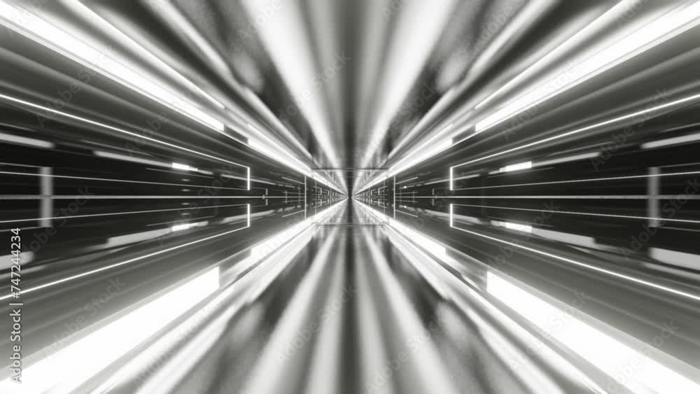 Poster endless forward movement through a black and white futuristic dark tunnel. looped animation. 3d rend