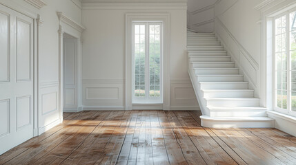 Fototapeta premium Room, interior and windows with an empty space in a modern home or office during summer. Business, home and wood floors in a luxury apartment for design, architecture or simplicity with staircase