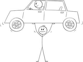 Person or Businessman Lifting Car in Hands, Vector Cartoon Stick Figure Illustration - 747244269