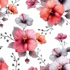 pattern of bouquets of small hibiscus flowers with no leaves or branches on white Background. ai generated