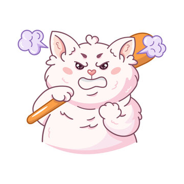 An angry fluffy white cat with a baseball bat in his hands. A cartoon character of a pet. Vector illustration isolated on a white background