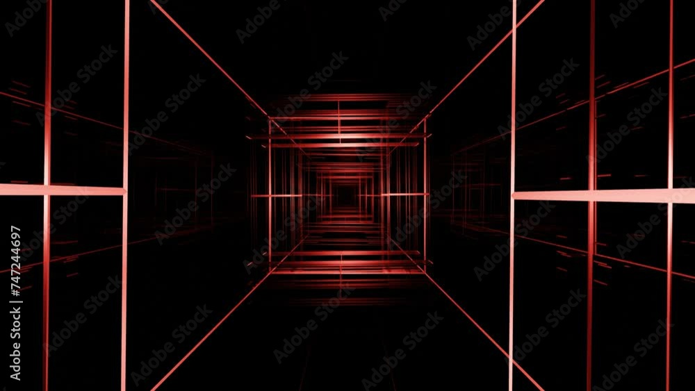 Poster endless forward movement through rotating abstract lines illuminated in red on a black background. l