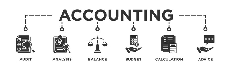 Accounting banner web icon illustration concept for business and finance with an icon of the audit, analysis, balance, budget, calculation, and advice