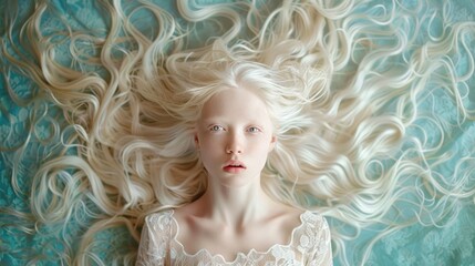 International Albinism Awareness Day, portrait of an albino girl of model appearance, genetic feature, snow-white skin, long hair