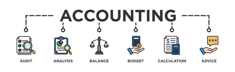 Accounting banner web icon illustration concept for business and finance with an icon of the audit, analysis, balance, budget, calculation, and advice
