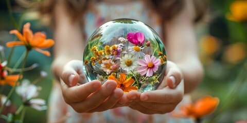 Child holding glass sphere with colorful flowers symbolizing environmental stewardship. Concept Child and glass sphere, colorful flowers, environmental stewardship, nature conservation