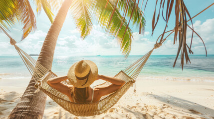 Woman relaxes and enjoys the sun on vacation at the beach in a wicker hammock