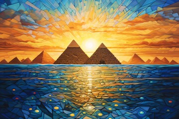 a painting of pyramids in the water - obrazy, fototapety, plakaty