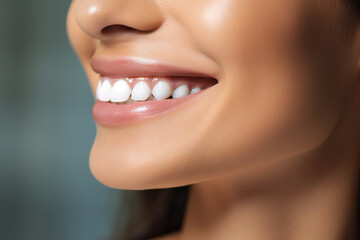 Closeup of woman's smile with white healthy teeth.