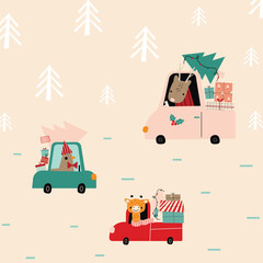 Animals are traveling in a car with a Christmas tree and gifts. New Year's bustle. Children's illustration for advent calendar or poster. 