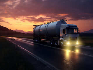 Truck with a tanker shipping on a countryside road against a sunset sky.