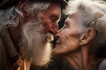 Portrait of very old affectionate couple about to kiss