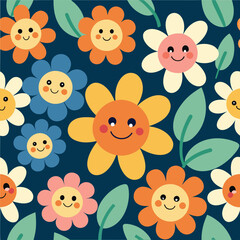 Flowers with faces cartoon children's pattern. Vector illustration