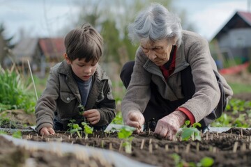 An elderly woman and a young boy engage in planting seedlings in a garden, fostering an intergenerational connection
