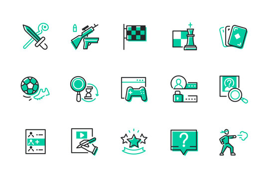 Hobbies and entertainment - set of line design style icons isolated on white background. High quality images of role playing, gamepad, card and board games, character selection, sport and competition