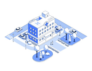 City hospital and highway - vector isometric illustration. Building where medical care is provided, patients go to appointments, cars in the parking lot, ambulance, park area with trees, daytime