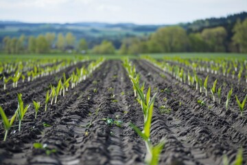 A fresh cornfield with young plants stands against a rural backdrop, embodying hope and renewal