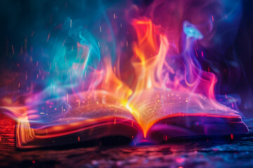 Rainbow flames dancing around a notebook files scattered in a surreal fantasy landscape