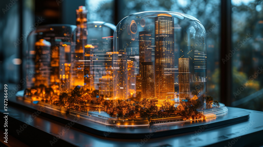 Poster a futuristic holographic display featuring 3d models of various properties in a real estate portfoli