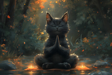 Cartoon cat doing yoga in the park - Powered by Adobe