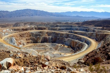 An aerial view of a vast open-pit mine with spiraling roads in a desert, framed by distant mountains under a clear sky.