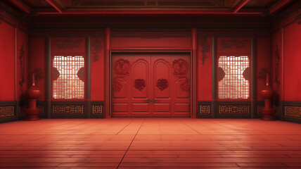 empty classic red chinese room - obrazy, fototapety, plakaty
