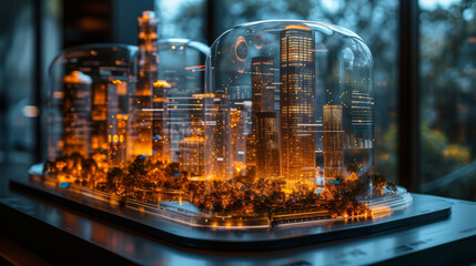 A futuristic holographic display featuring 3D models of various properties in a real estate portfolio. As the display rotates financial charts and graphs pop up to showcase