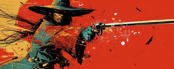 A pop art background that blends the mystique of Japanese samurai shinobu tales with the rugged charm of Spaghetti Western cinema