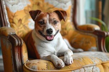 Smiling Jack Russell Terrier Resting on Vintage Chair.