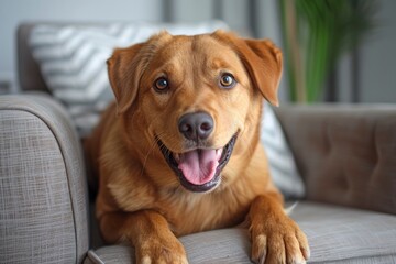 Friendly Golden Dog Relaxing on a Cozy Couch.