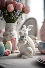 Easter still life. Porcelain statuette of easter bunny on table with painted eggs and spring flowers. Setting festive table for Easter brunch. Happy Easter concept. Table serving decor concept.