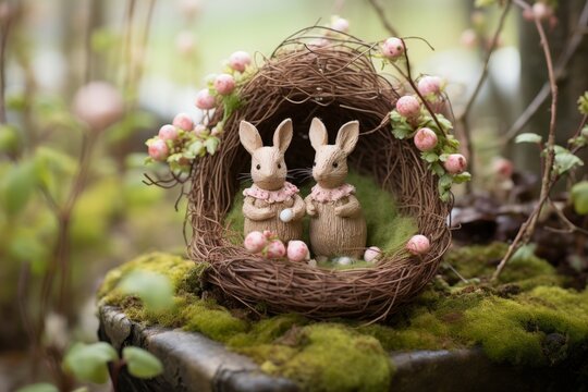 Easter decor. colorful eggs, cute rabbits, and catkins nest for festive spring celebration