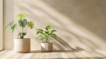 Three Potted Plants on Wooden Floor