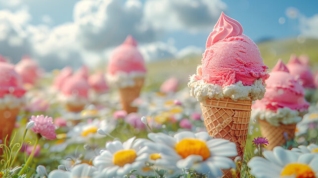 Ice cream and flowers in the sky, spring season to summer season, sweet color illustration, ice cream strawberry, daisy flower, Background cover banner 16:9 wallpaper fantasy landscape