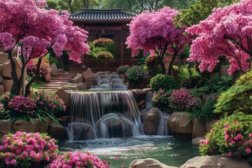 A Garden With a Waterfall Surrounded by Pink Flowers