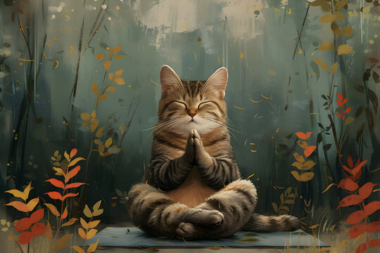 Cartoon cat doing yoga in the park