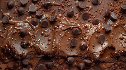 Chocolate chip texture surface, Ice cream chocolate and chip, close up of dark chocolate, Traces of use of an ice cream scoop, Background cover banner 16:9 wallpaper dessert