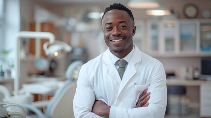 Handsome smiling African american dentist doctor stands in a dental office in a white coat