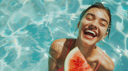 Smiling exited young woman in swimming pool floating on swimming ring and eating watermelon