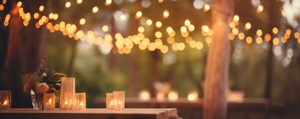 blurry garden background decorated with fairy lights in summer