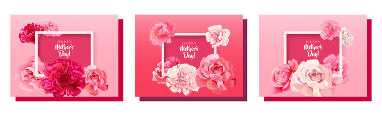 Set of rectangular congratulation cards for Mother's Day. Frames with pink, red, white carnation flowers on bright background. Template for mother greeting. Realistic illustration in watercolor style