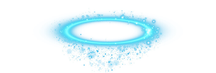 Three dimensional shiny blue nimbus. Blue halo angel ring. Light realistic halo, angel ring, Saint aureole symbol.  Magic fantasy portal. Futuristic teleport. Light effect. PNG.