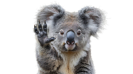 A friendly koala brings joy with its raised paw wave accompanied by a cheerful grin on an isolated background