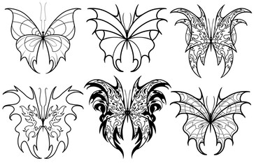 Set of elements Neo tribal tattoo butterfly shape modern acid graphic design clip art gothic flame emo goth 2000s Aesthetic style y2k wings ink black and white agressive line graphic ornamental doodle - obrazy, fototapety, plakaty